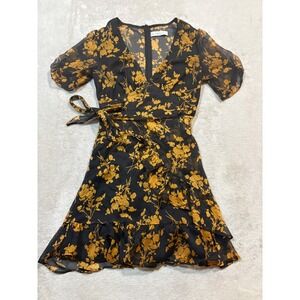 Hello Molly Women's Small Floral Mini Dress Wrap Ruffle Hem Short‎ Sleeve Black